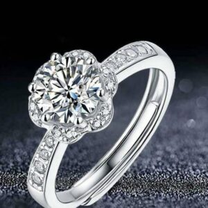 flower style silver plated adjustable zircon ring with delicate detailing