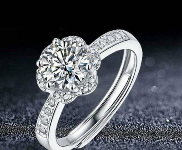 flower style silver plated adjustable zircon ring with delicate detailing