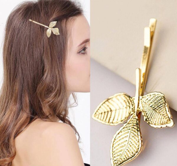 golden alloy korean style leaf hair pin for elegant styling