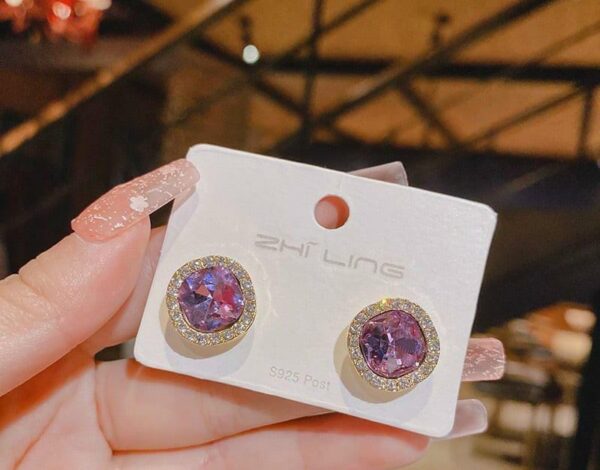 Purple Stone Round Metal Earrings